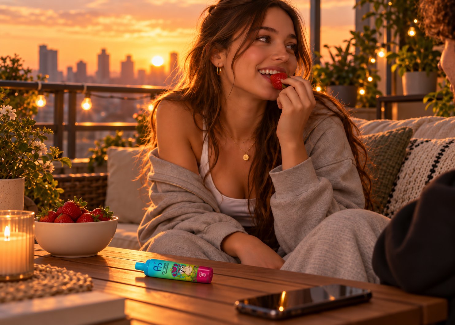 Frau isst auf einer Dachterrasse bei Sonnenuntergang eine Erdbeere, auf dem Tisch liegt eine bunte Fumot Vape mit Affen-Motiv