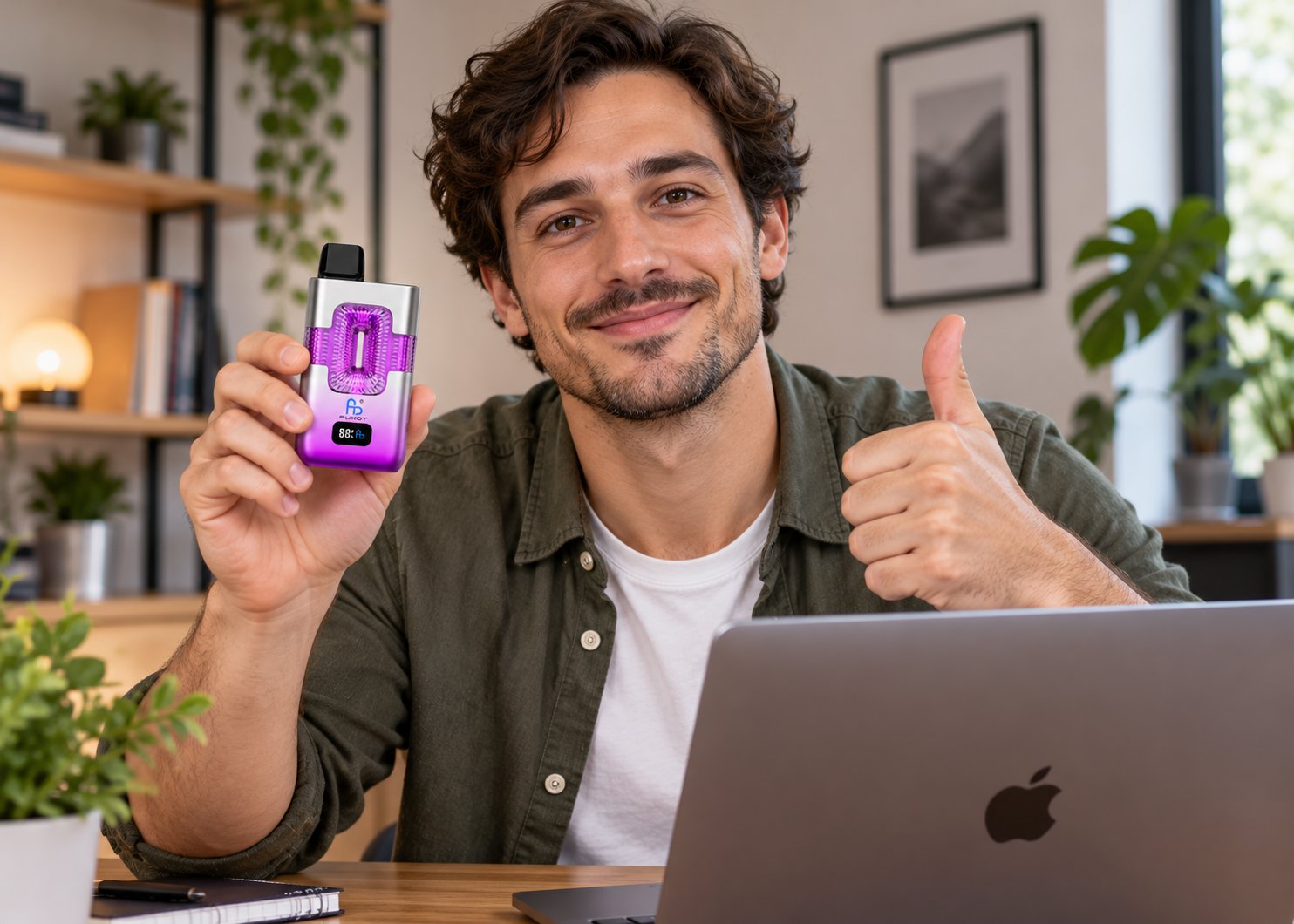 Mann am Schreibtisch mit Laptop hält eine lilafarbene Fumot Vape und zeigt den Daumen nach oben