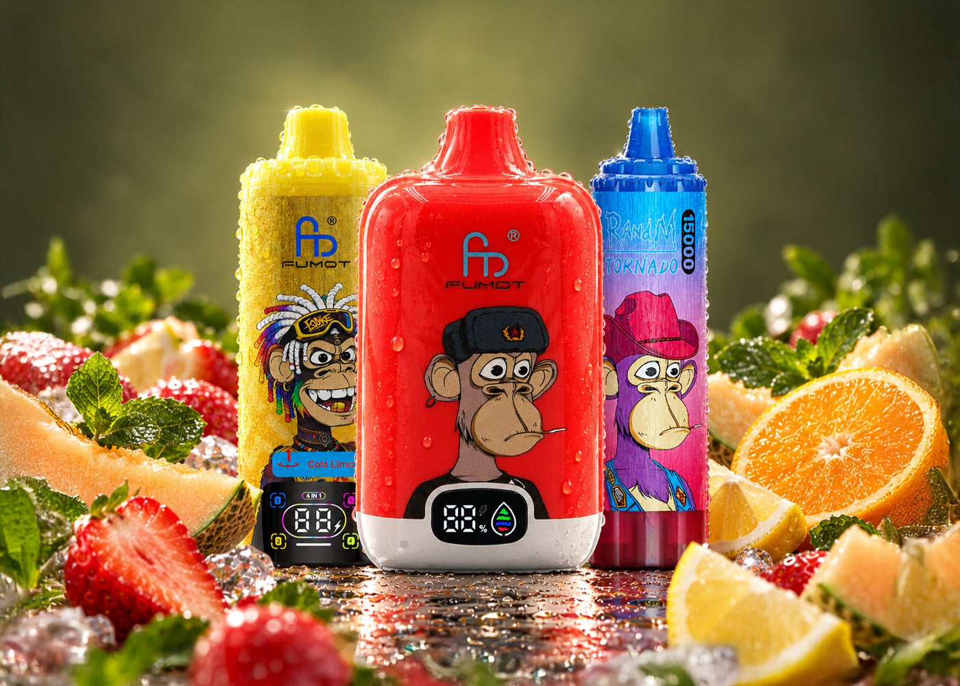 Drei Affen Vapes zwischen Erdbeeren, Melone und Orangen: Fumot Eco 4in1 80000, Fumot Digital Box 12000 und RandM Tornado 15000