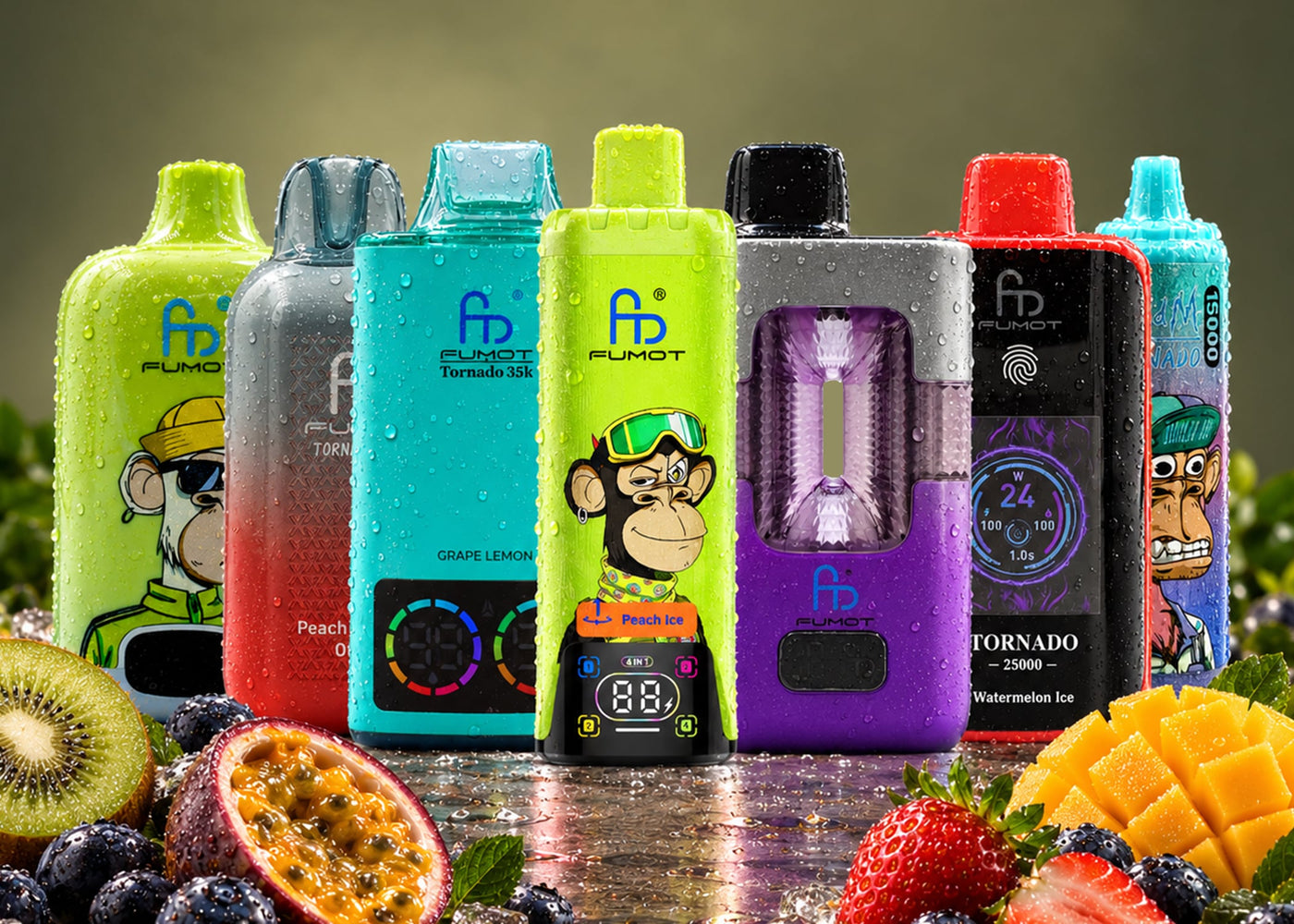 Sieben RandM und Fumot Vapes verschiedener Modelle nebeneinander zwischen frischen Früchten