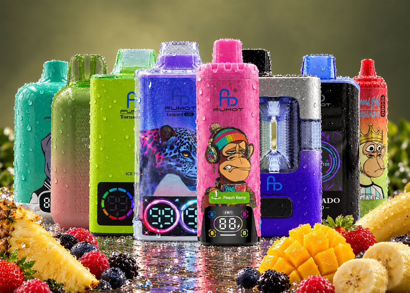 Acht Einweg Vapes von RandM und Fumot, darunter Fumot Leopard 40K und RandM Tornado 15000, vor Ananas, Beeren und Mango