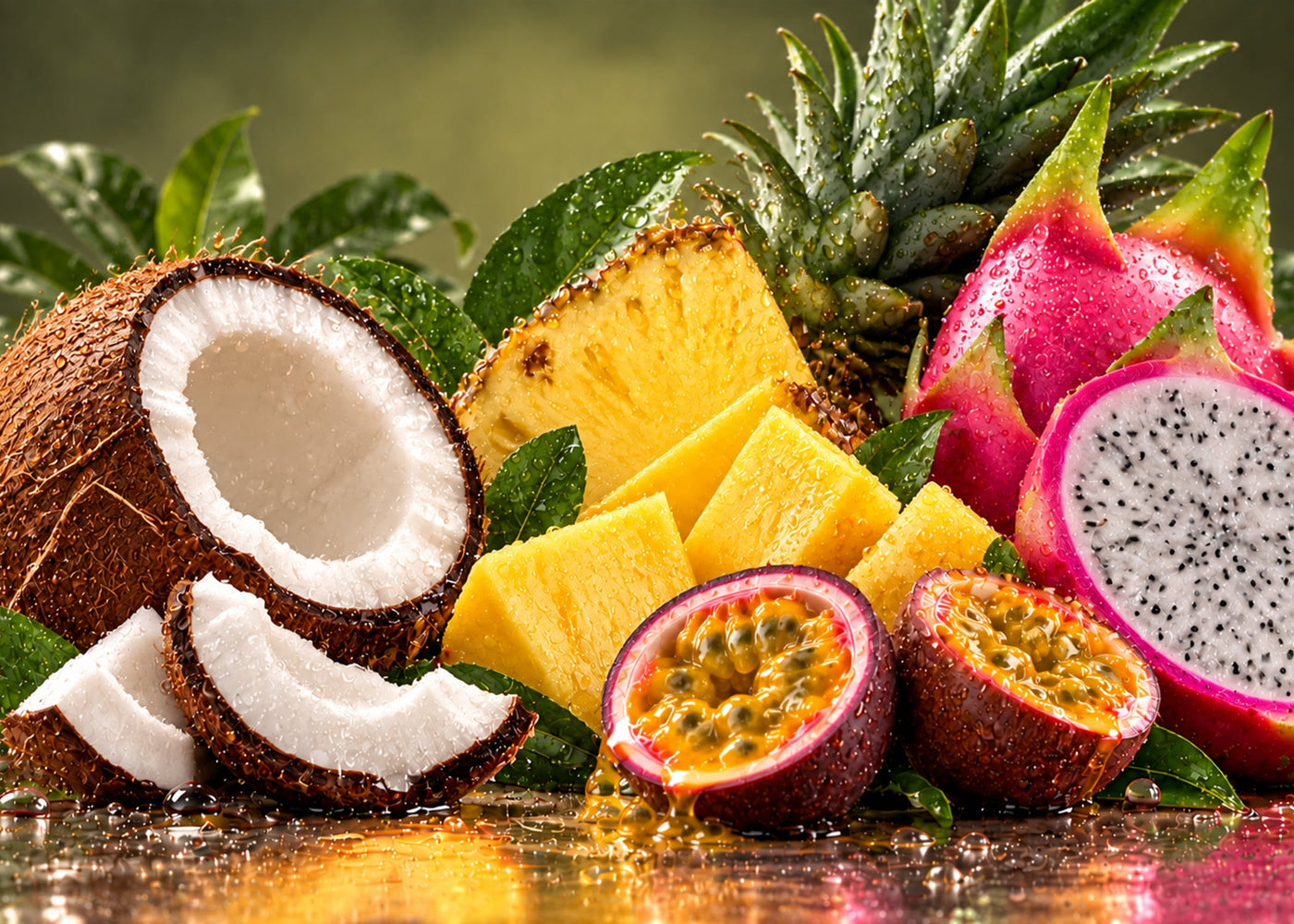 Kokosnuss, Ananas, Maracuja und Drachenfrucht für die exotischen Sorten