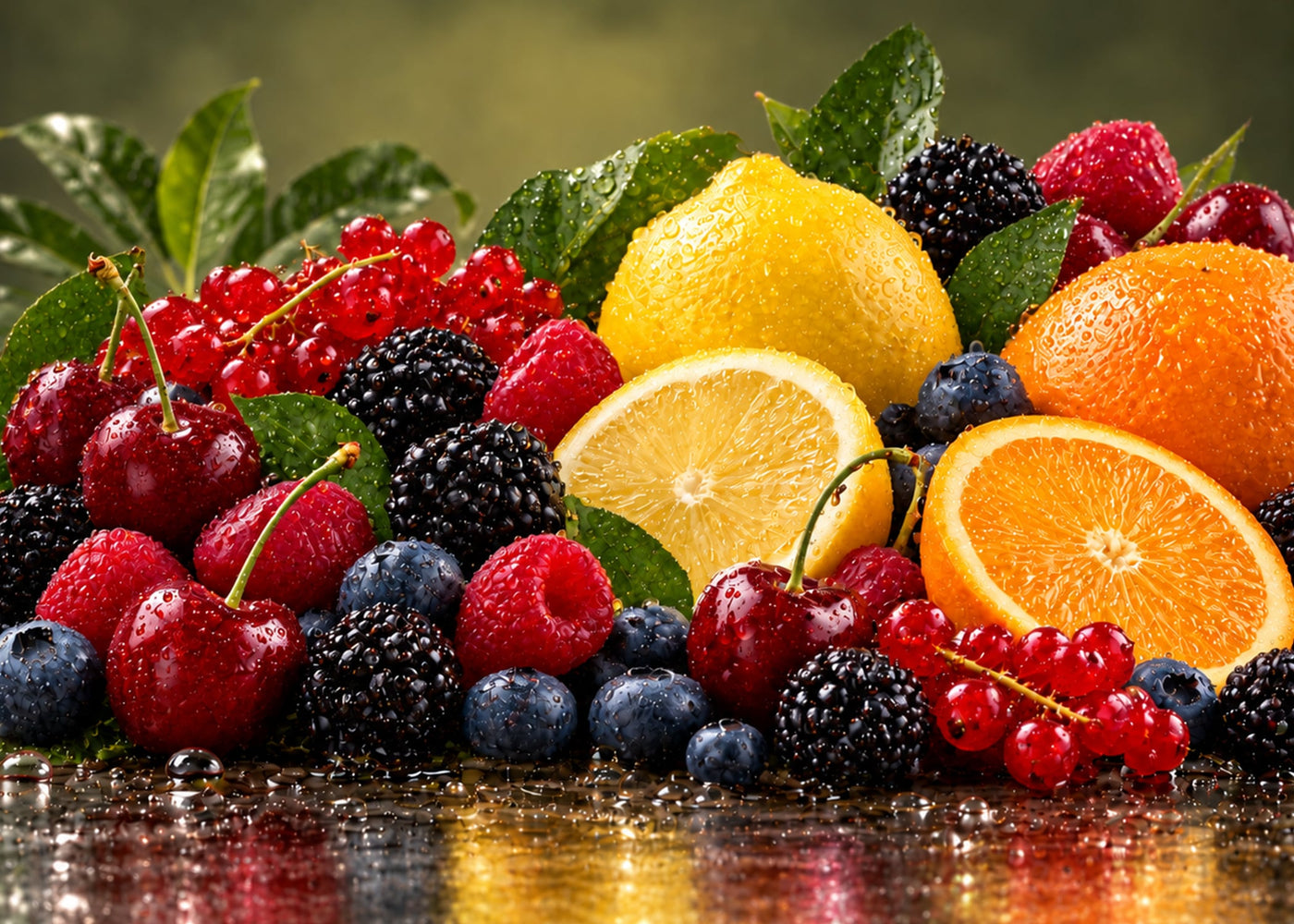 Kirschen, Himbeeren, Brombeeren, Blaubeeren, Johannisbeeren, Zitrone und Orange für die fruchtigen Sorten