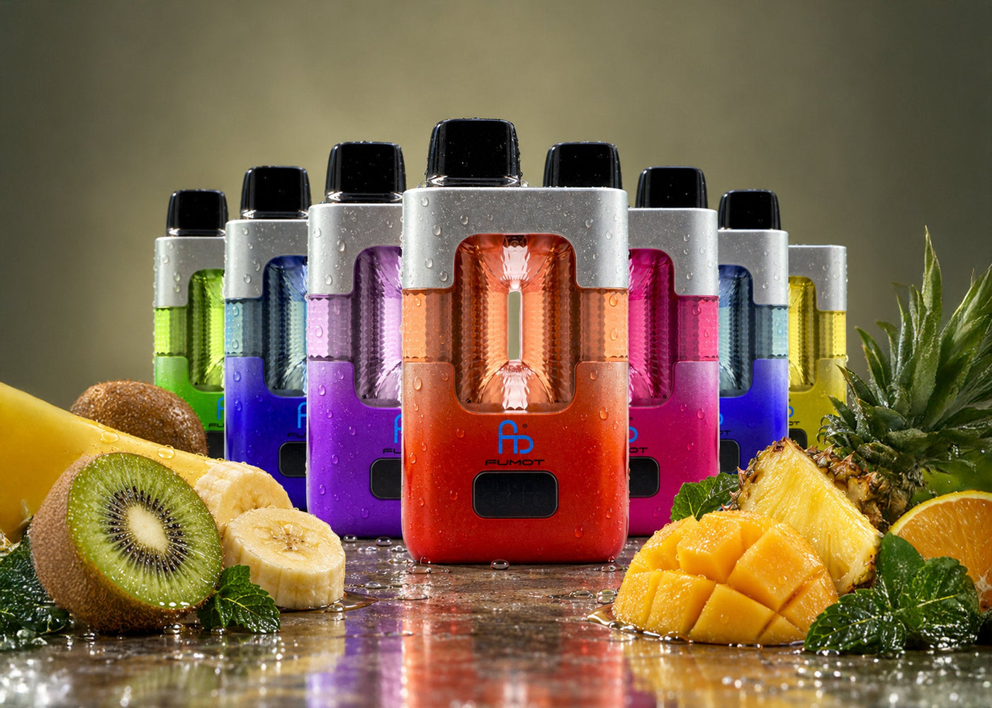 Sieben Fumot Eco 2in1 50000 Vapes mit zwei Tanks zwischen Kiwi, Banane, Mango und Ananas