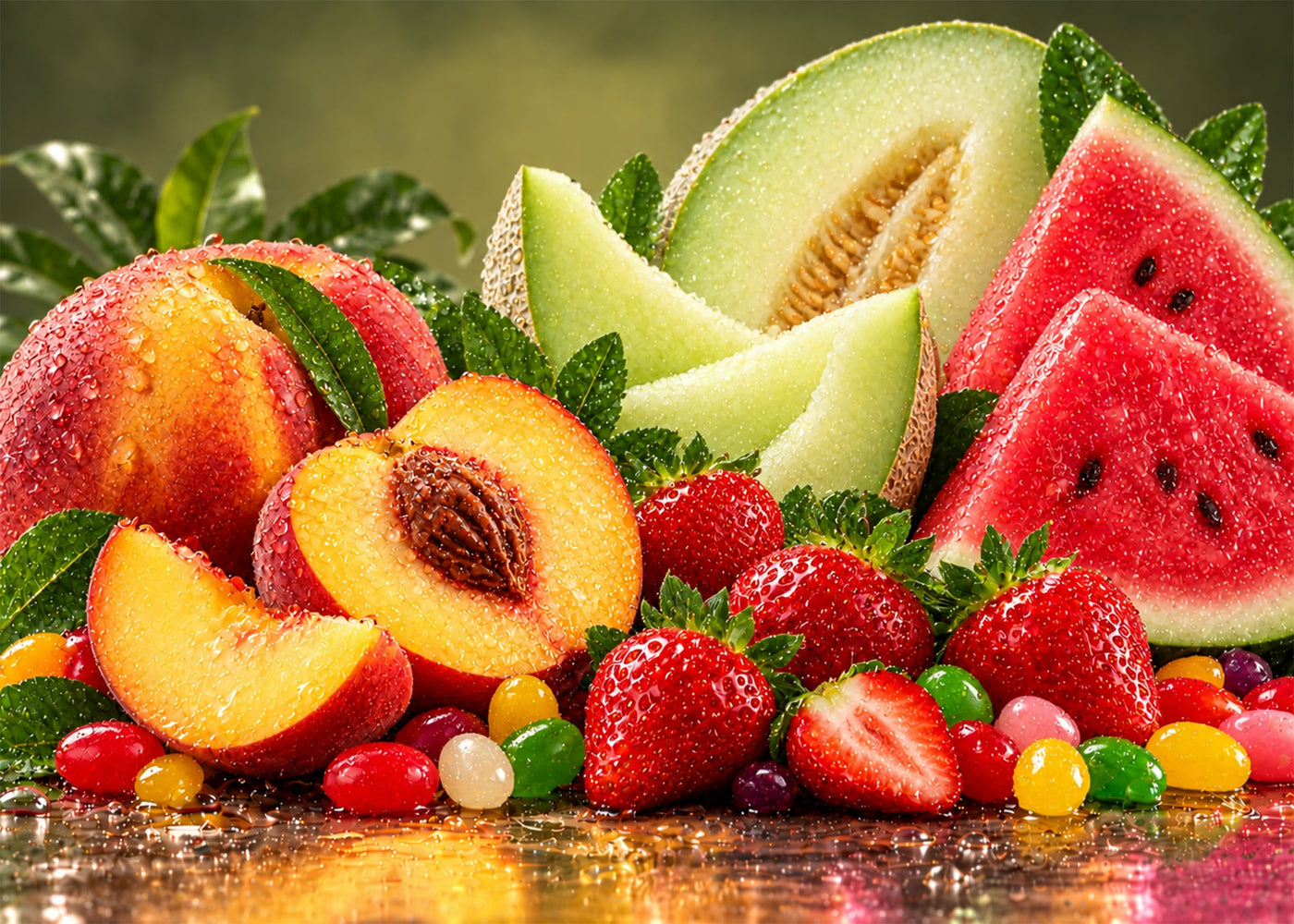 Pfirsich, Honigmelone, Wassermelone, Erdbeeren und bunte Fruchtgummis für die süßen Sorten
