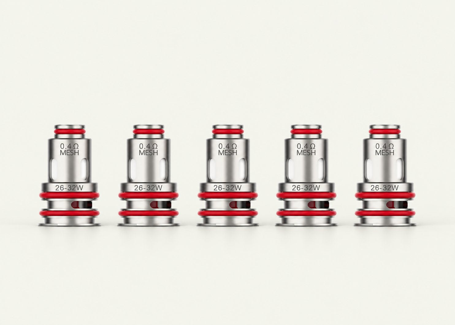 Fünf Mesh Coils nebeneinander, jeder mit der Aufschrift 0,4 Ohm Mesh