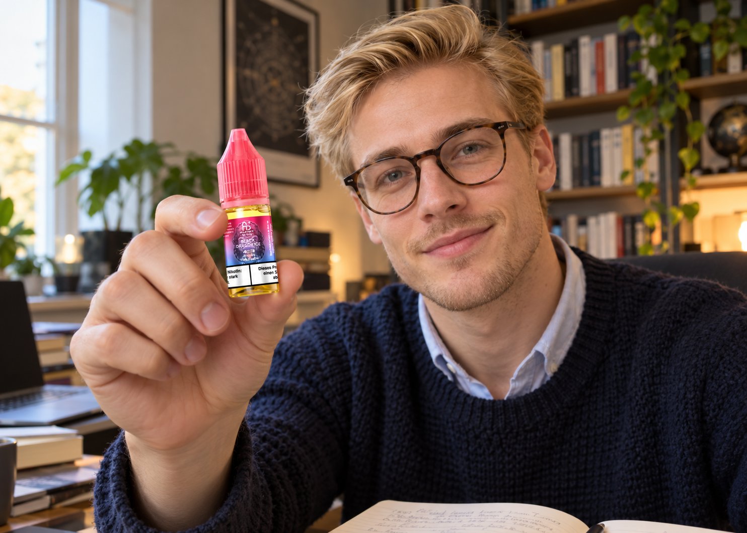Junger Mann mit Brille hält in einem Arbeitszimmer eine kleine Liquid-Flasche mit Fumot-Logo in die Kamera