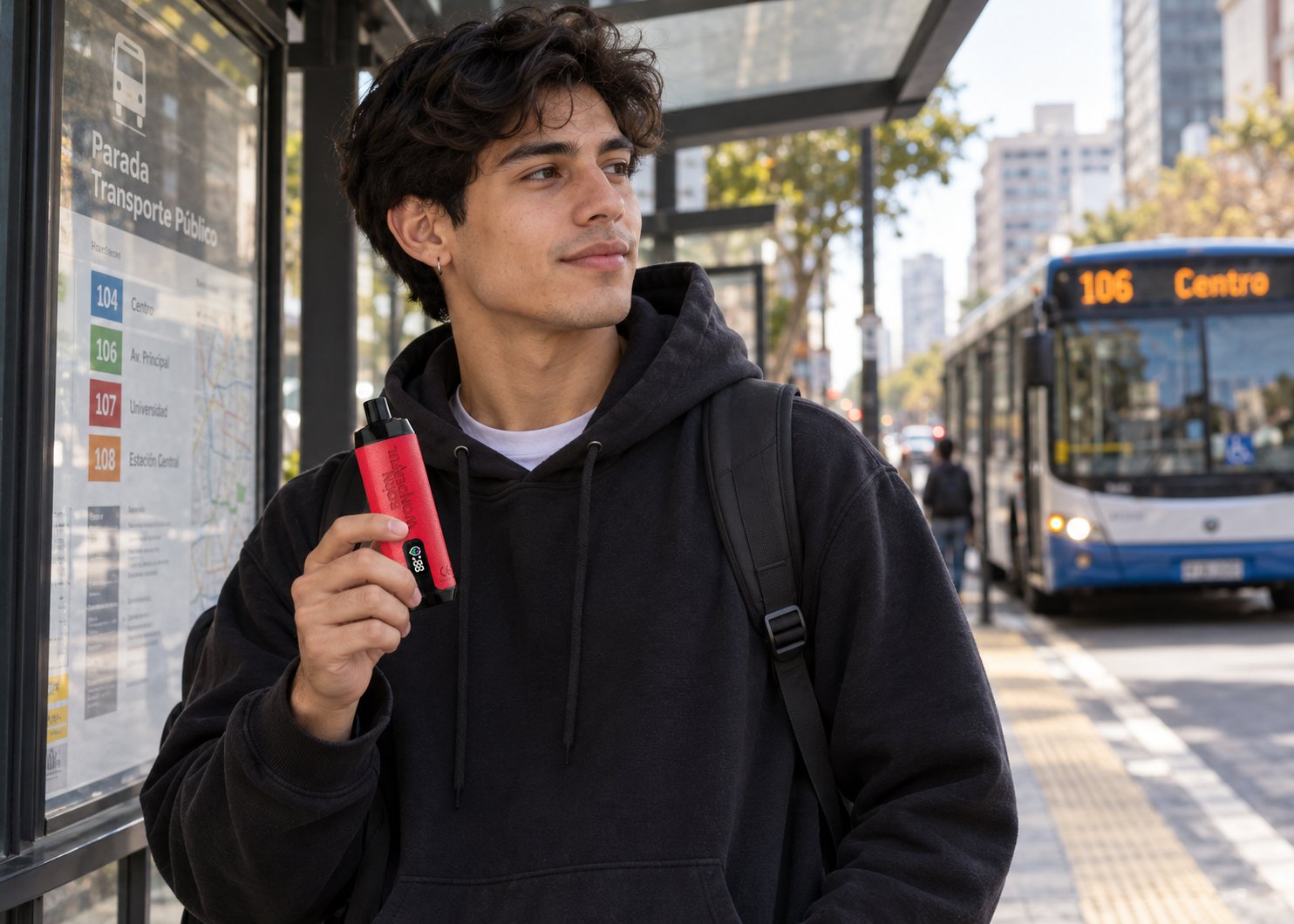 Junger Mann im schwarzen Hoodie wartet an einer Bushaltestelle und hält eine rote Einweg Vape mit Display