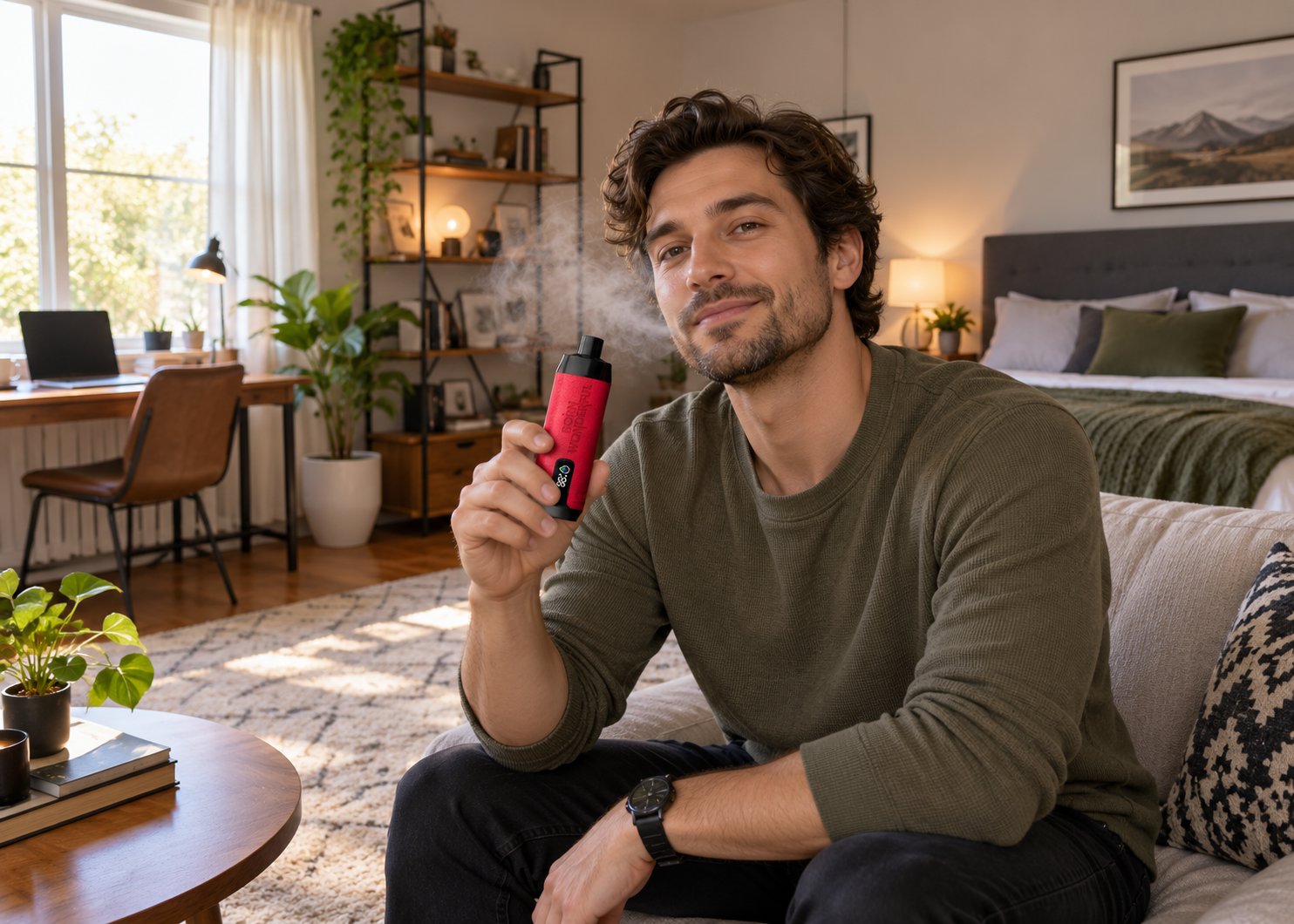 Mann sitzt im Wohnzimmer auf dem Sofa und hält eine rote Einweg Vape mit Display, im Raum hängt Dampf