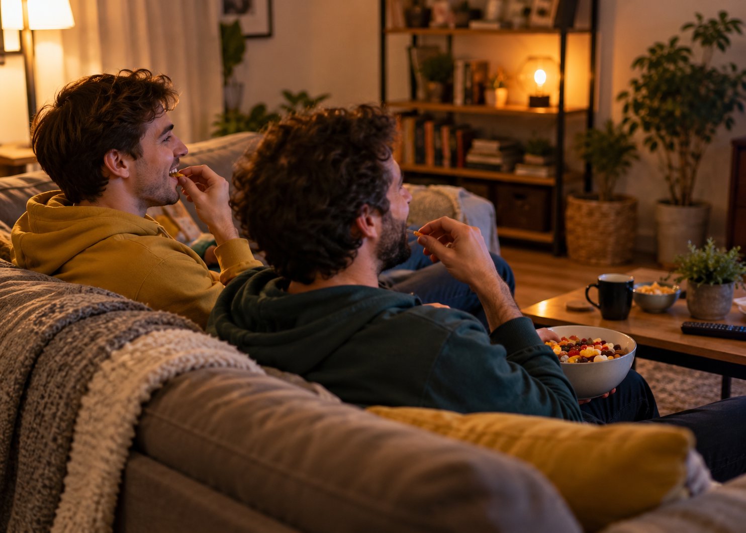 Zwei Männer sitzen abends lachend auf dem Sofa und essen Süßigkeiten aus einer Schüssel