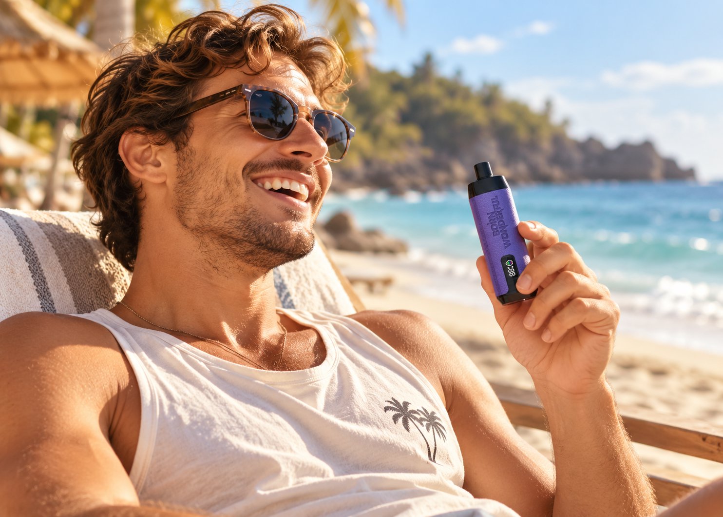 Mann mit Sonnenbrille liegt lachend auf einer Strandliege und hält eine lilafarbene Einweg Vape mit Display