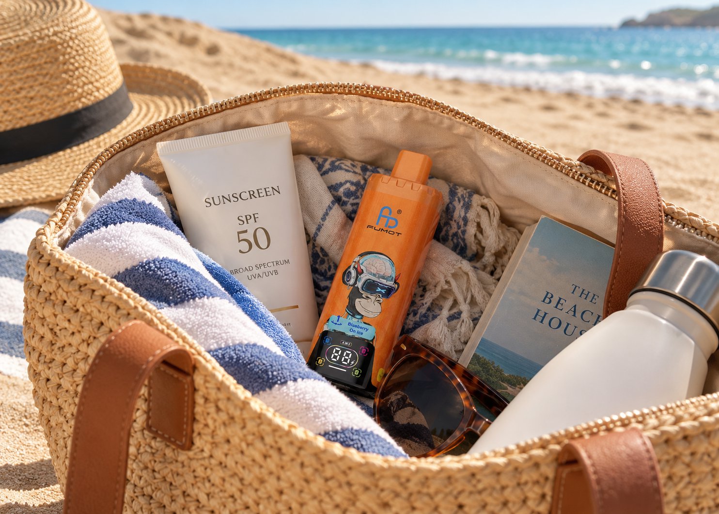 Strandtasche im Sand mit Sonnencreme, Handtuch, Sonnenbrille, Buch und einer orangen Fumot Vape mit Affen-Motiv