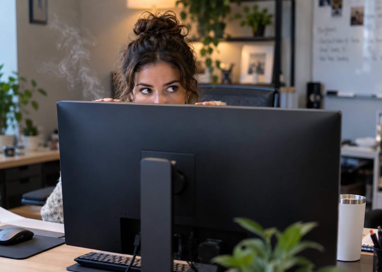 Frau schaut im Büro über den Rand ihres Monitors, neben ihr steigt Dampf auf