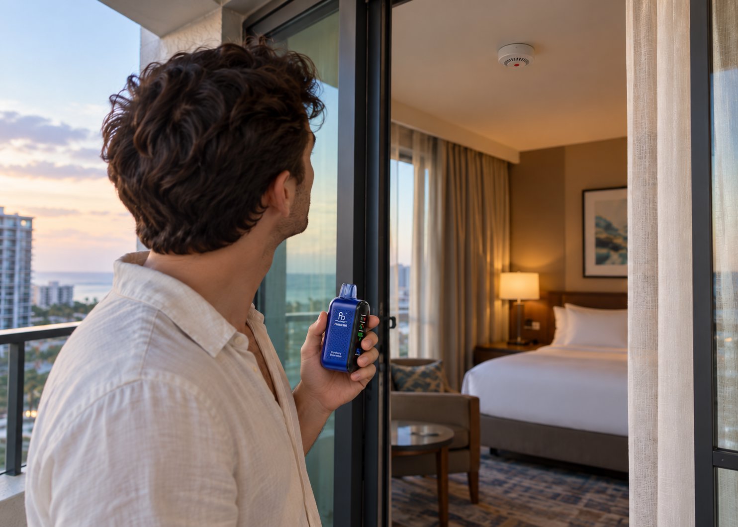 Mann steht bei Sonnenuntergang auf dem Hotelbalkon mit einer blauen Fumot Vape, an der Zimmerdecke hängt ein Rauchmelder