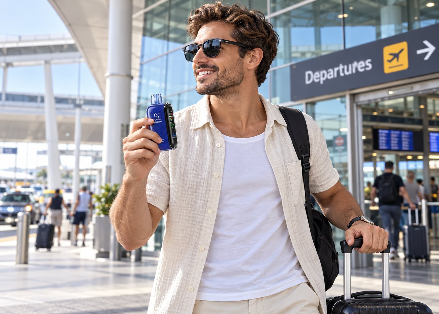 Mann mit Sonnenbrille und Rollkoffer steht vor dem Abflugterminal eines Flughafens und hält eine blaue Fumot Vape