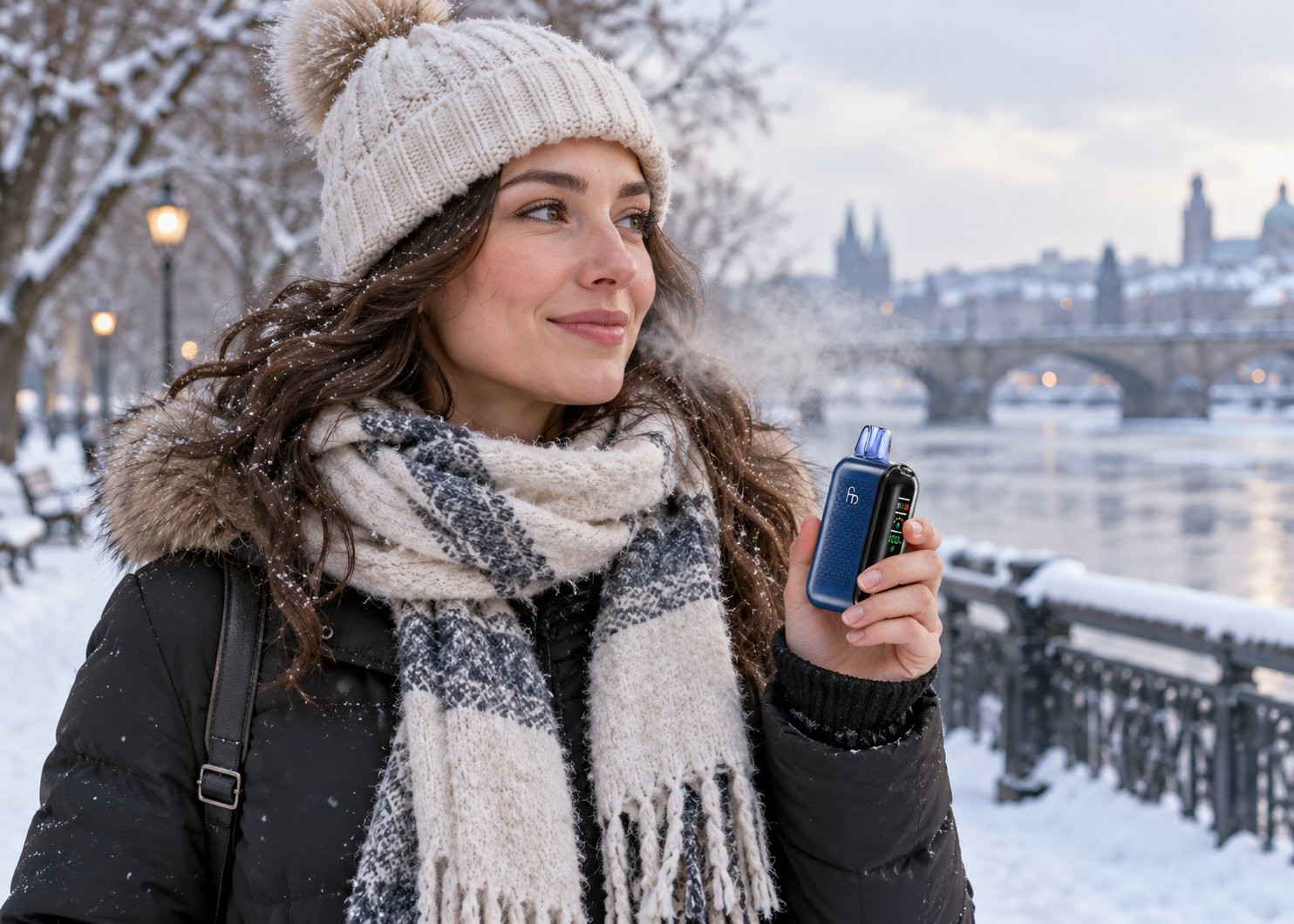 Frau mit Wollmütze und Schal steht im Schnee an einem Flussufer und hält eine dunkelblaue Fumot Vape