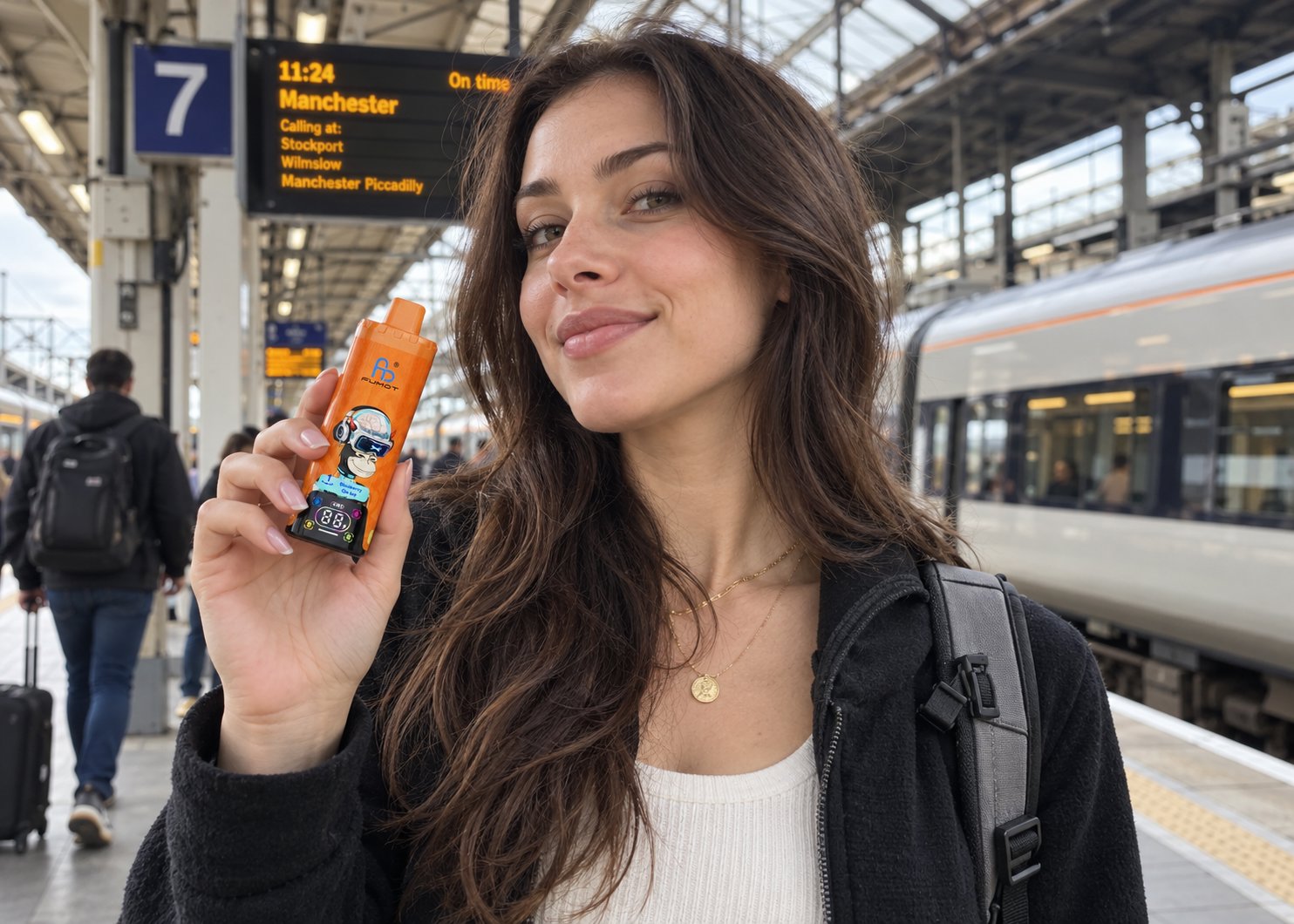 Junge Frau mit Rucksack steht am Bahnsteig vor einer Anzeigetafel und hält eine orange Fumot Vape mit Affen-Motiv