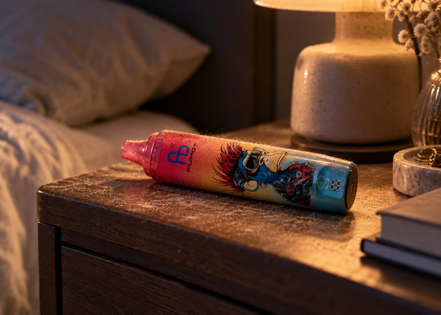 Eingestaubte Fumot Vape mit Affen-Motiv liegt auf einem Nachttisch neben einer Lampe