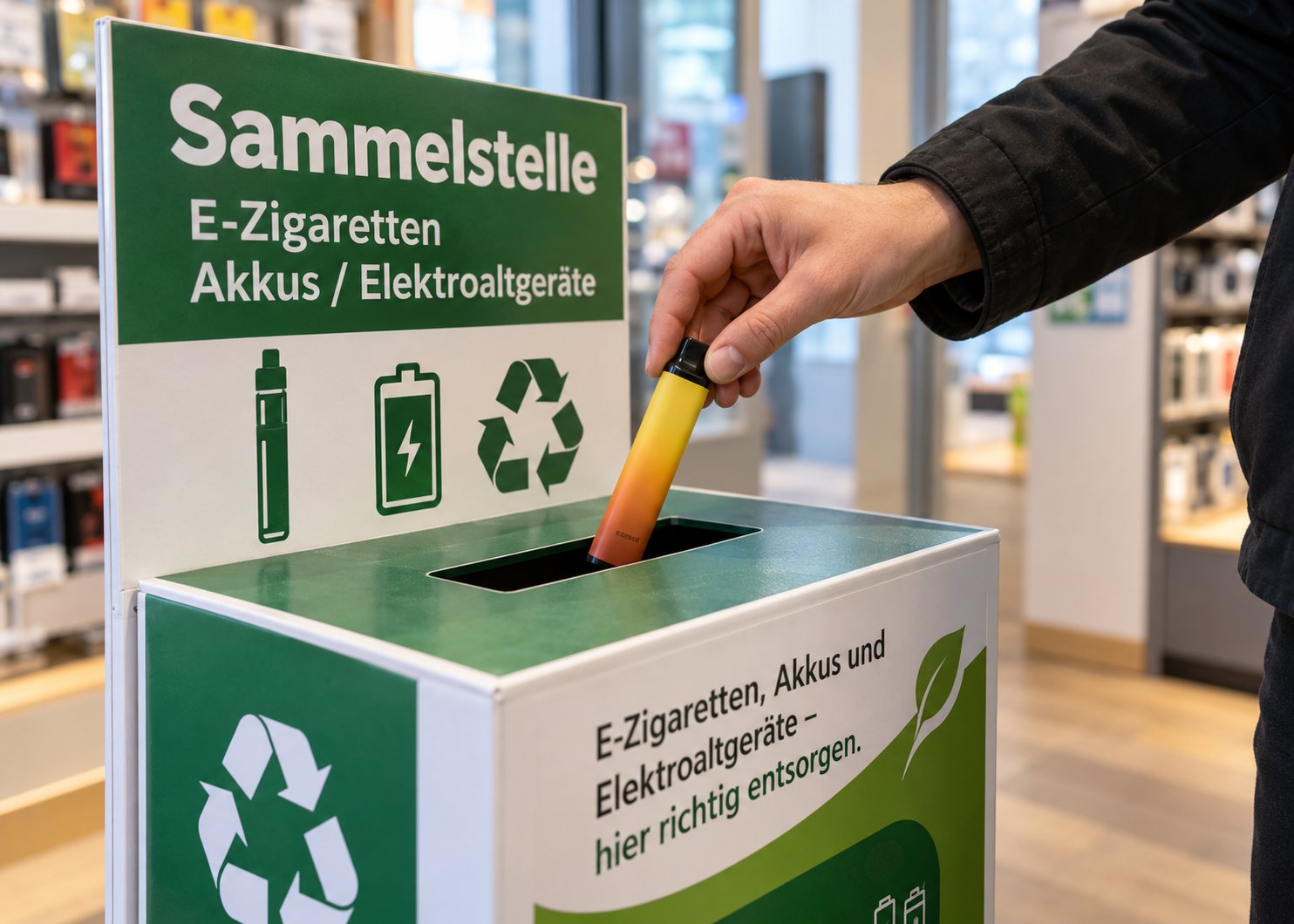 Hand wirft eine Einweg Vape in eine grüne Sammelbox für E-Zigaretten, Akkus und Elektroaltgeräte