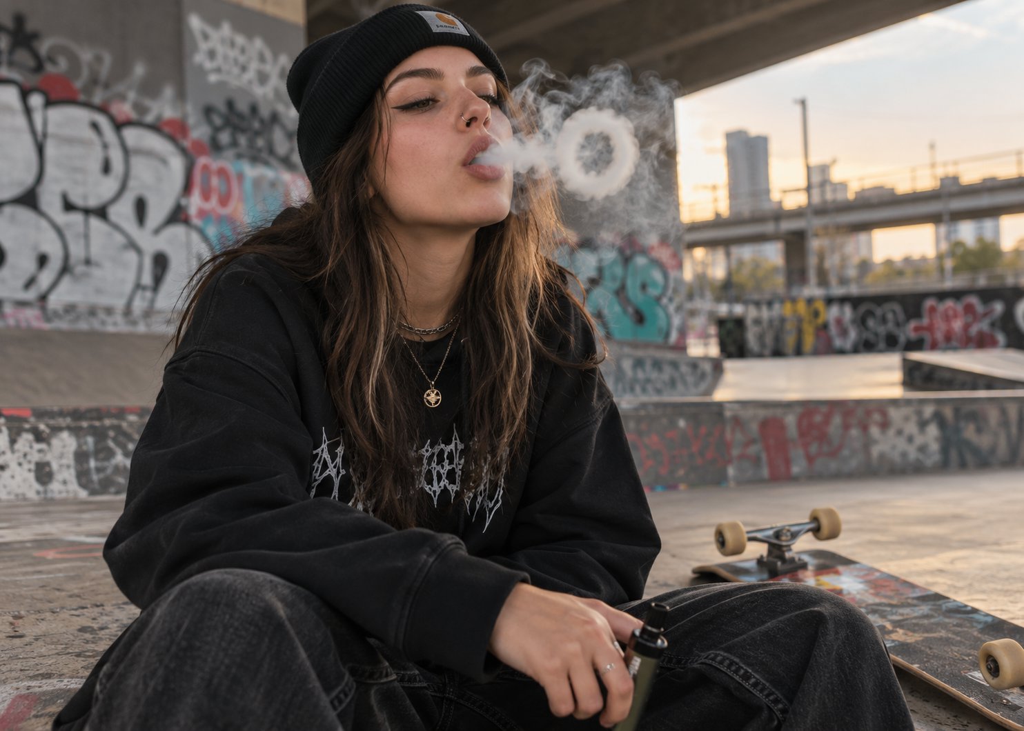 Junge Frau mit Mütze sitzt in einem Skatepark und bläst einen Dampfring, neben ihr liegt ein Skateboard