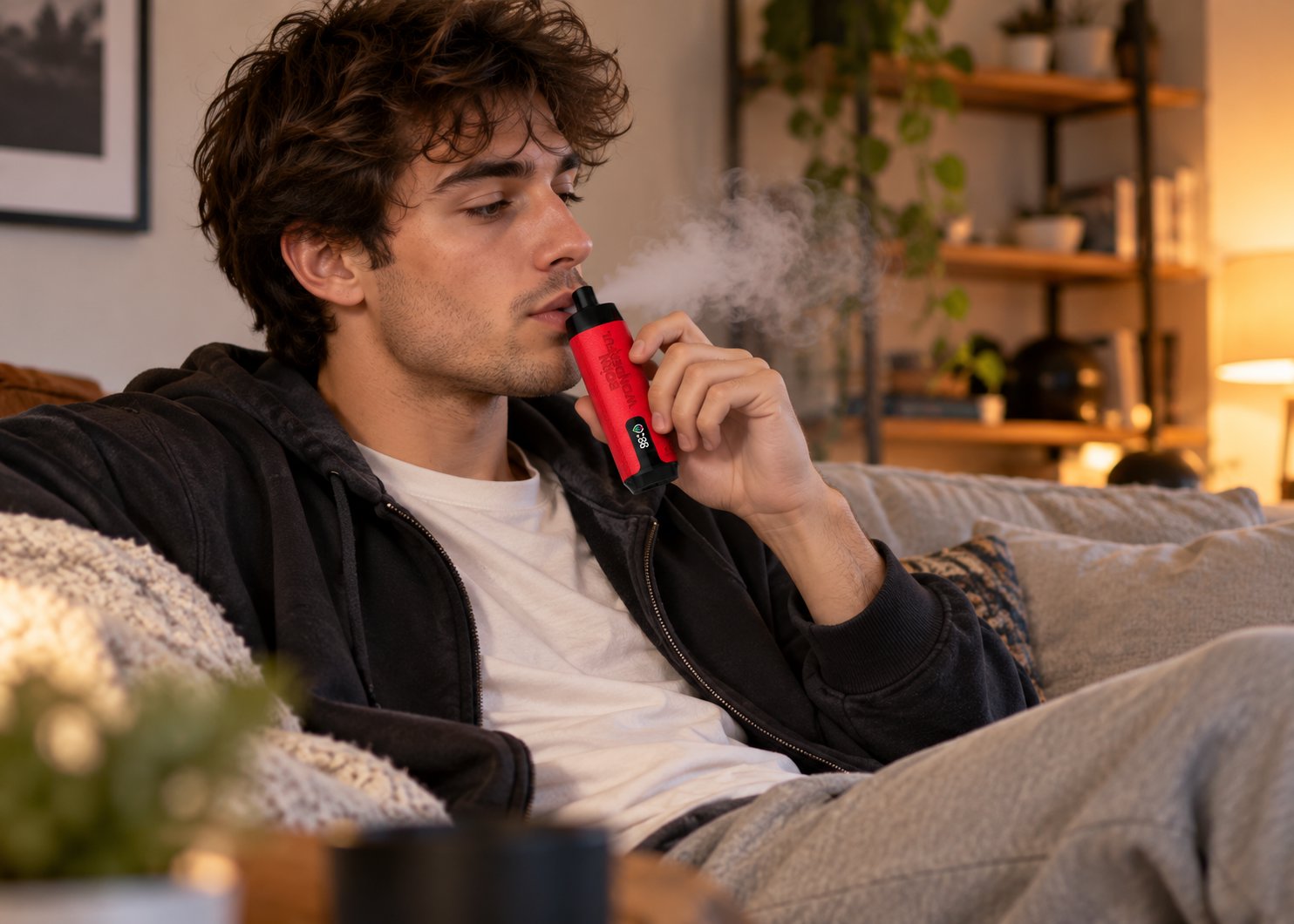 Junger Mann sitzt auf dem Sofa und zieht an einer roten Einweg Vape mit Display